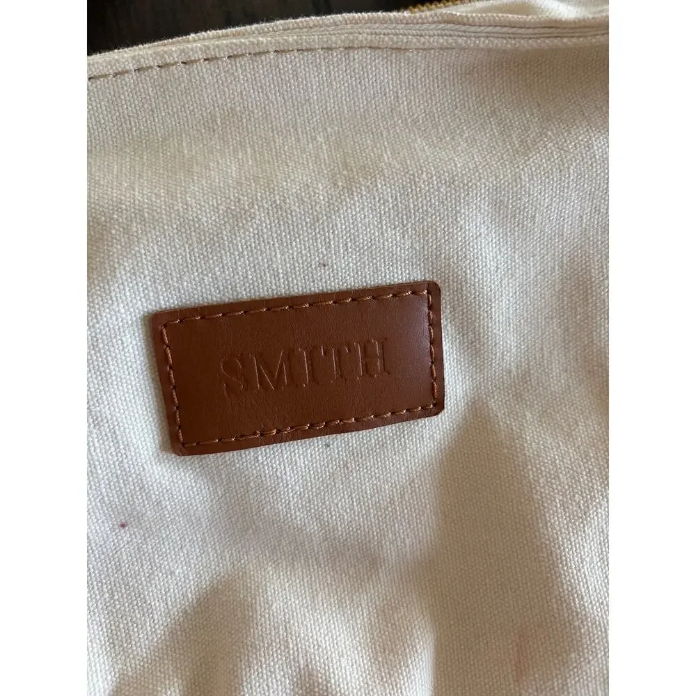 Personalized Canvas Tote Bag Cream Leather Trim Zip Top Monogram Smith